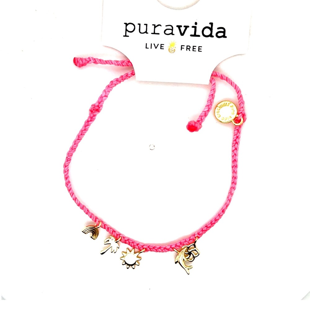 Pura Vida Neon Pink Braided Charm Bracelet Gold Tropical Sun Palm Tree Dolphin